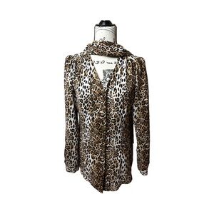White House Black Market Animal Print Tie Front Blouse Button Down SZ 4